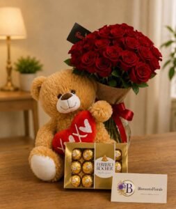 Beautiful flower and gift arrangement from Blossoms Florals