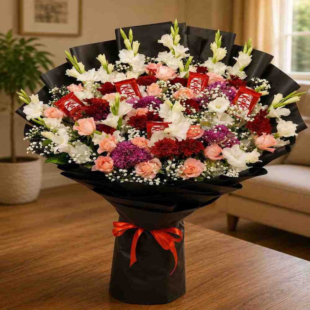 Grand chocolate bouquet delivery Lahore with fresh flowers and treats.