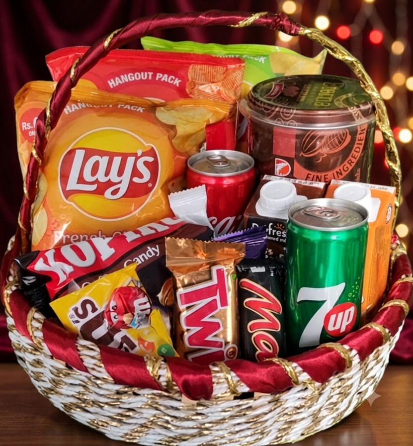 A premium snack and sweet gift basket filled with Lay's potato chips, chocolate bars, and sodas, perfect for gifting.