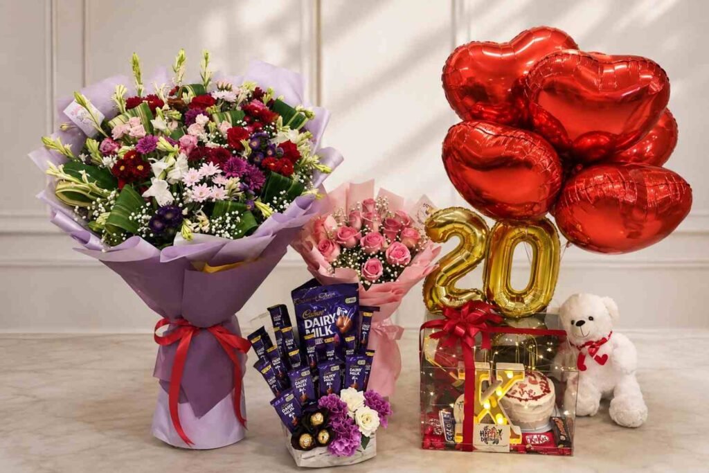 birthday gift combo Lahore with flowers, chocolates, cake, balloons and teddy