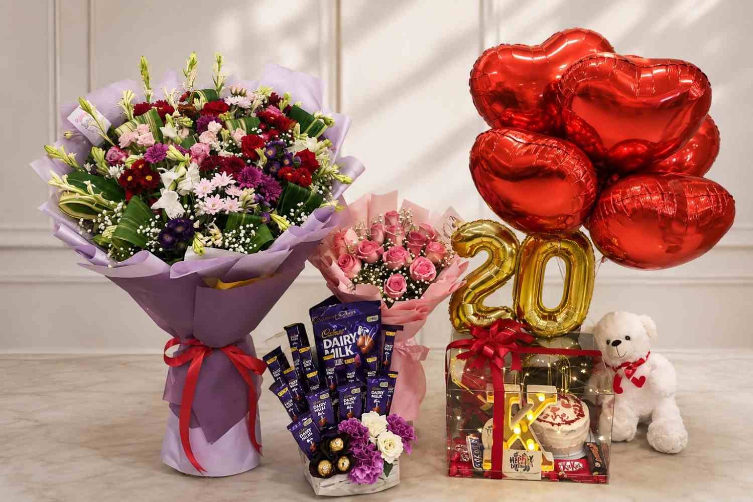 birthday gift combo Lahore with flowers, chocolates, cake, balloons and teddy