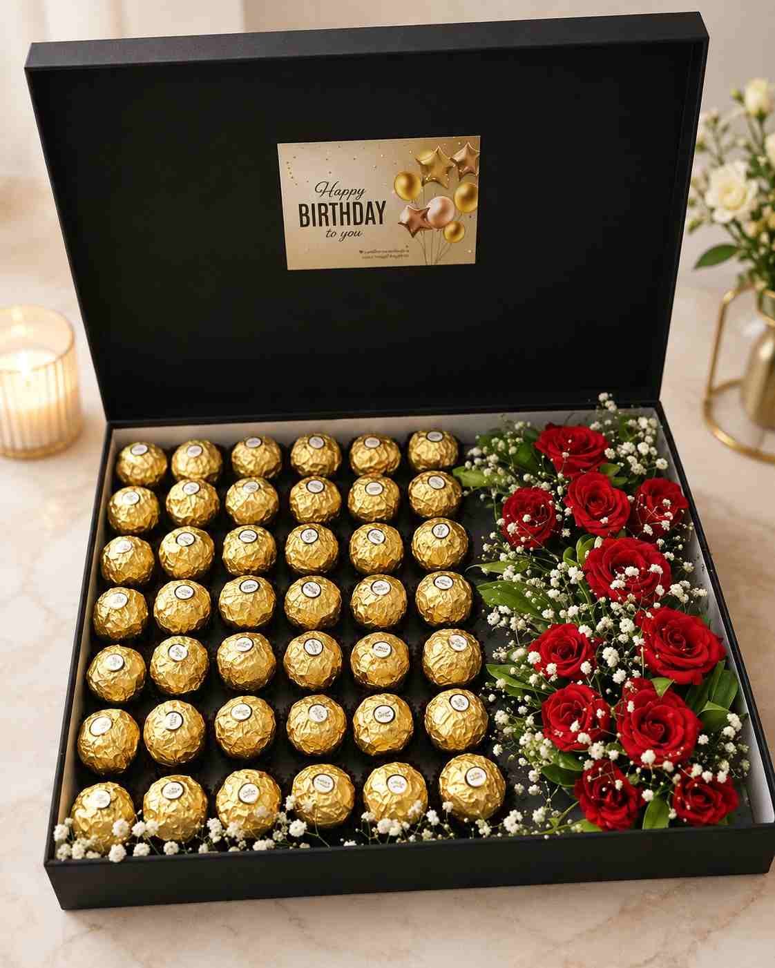 Birthday chocolate rose box with red roses