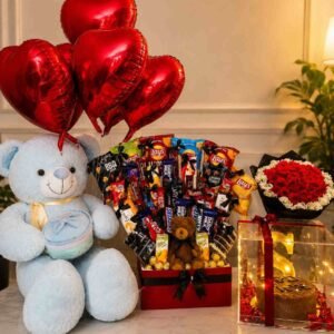 Birthday Gift Hamper Pakistan with teddy, roses, snacks, and balloons