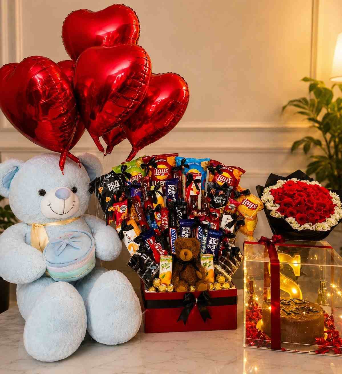 Birthday Gift Hamper Pakistan with teddy, roses, snacks, and balloons