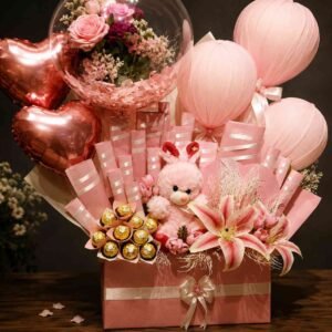 gift hamper Pakistan with pink flowers and bunny