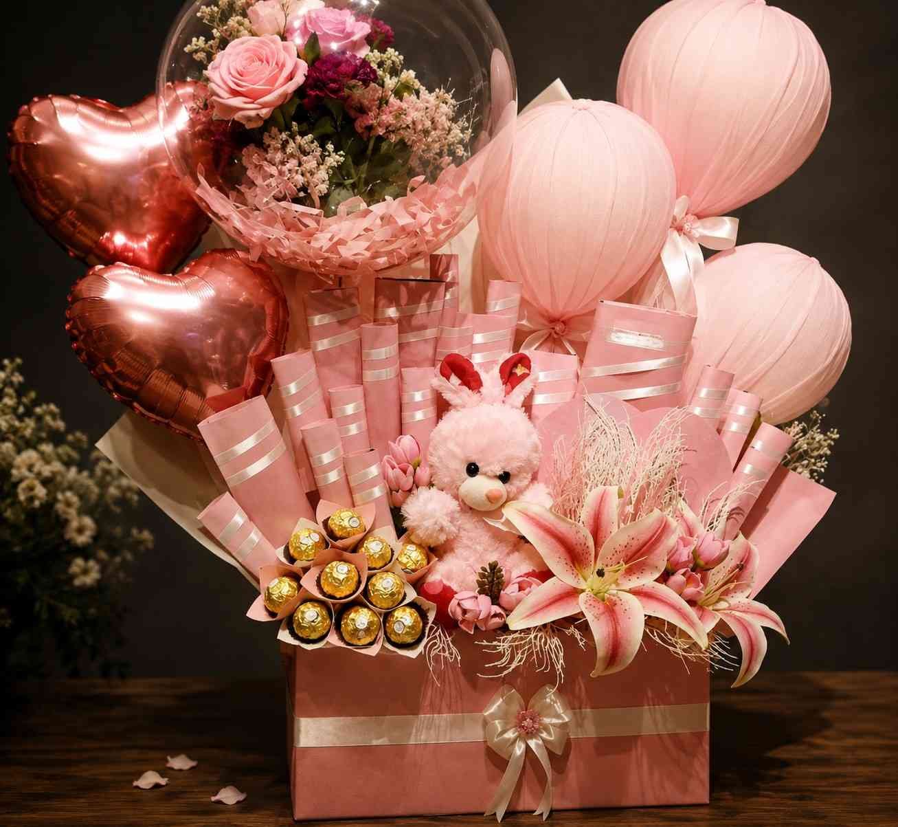 gift hamper Pakistan with pink flowers and bunny