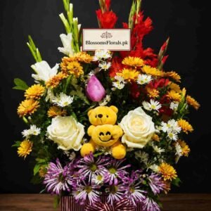 flower arrangement Pakistan with teddy bears and mixed flowers