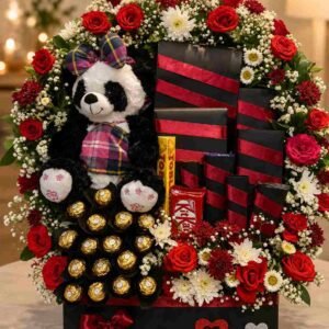 Luxury Gift Box Lahore with panda, red roses, and chocolates