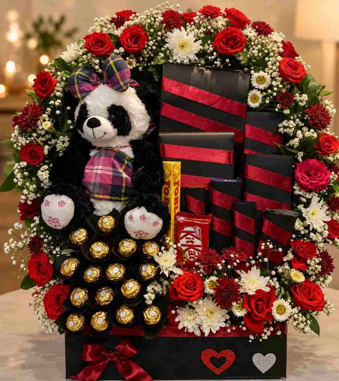 Luxury Gift Box Lahore with panda, red roses, and chocolates