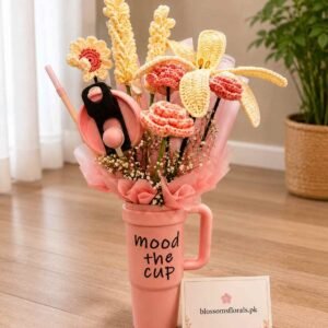 Crochet Flower Mug Gift with pastel handmade flowers