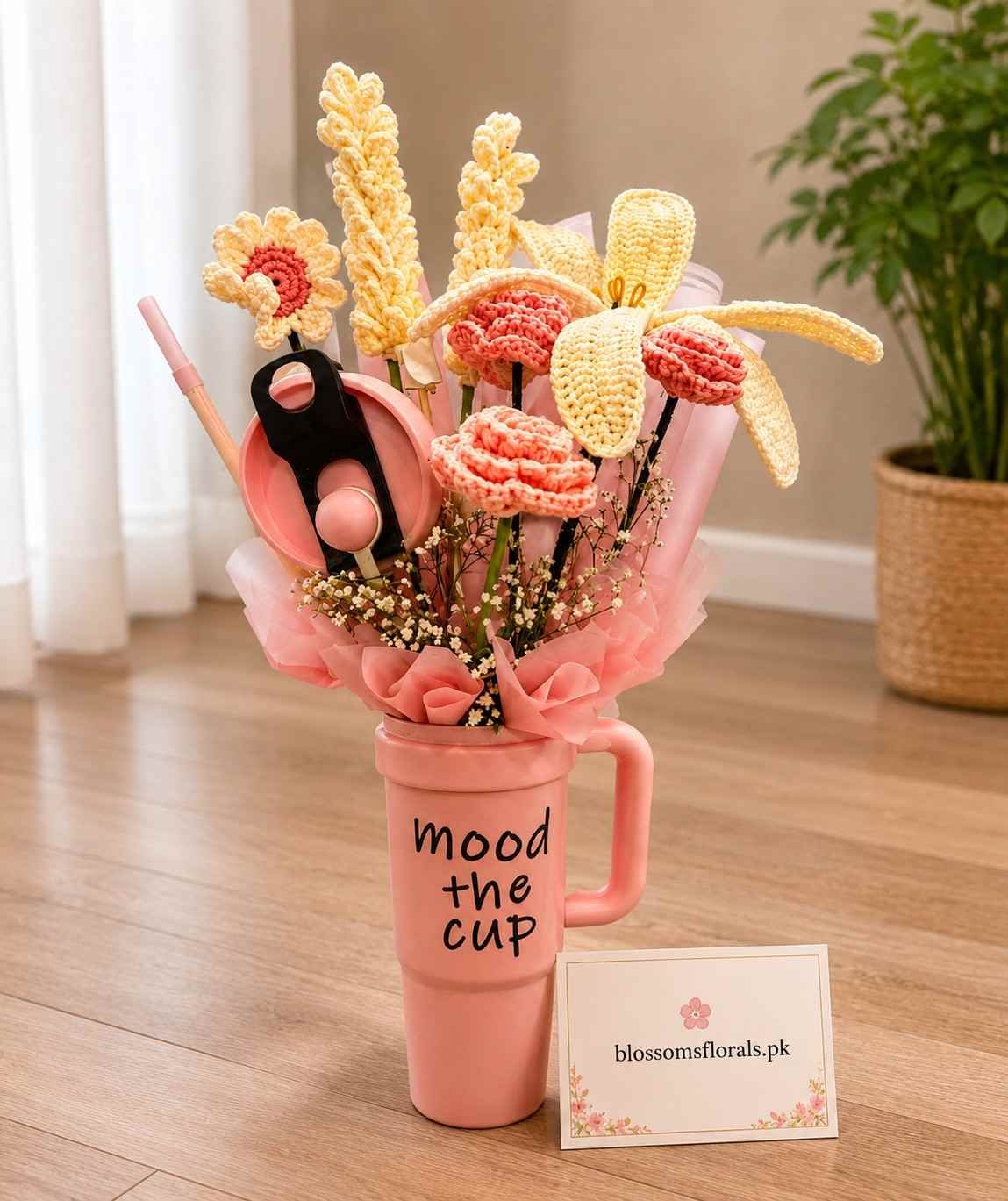 Crochet Flower Mug Gift with pastel handmade flowers