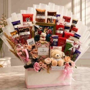 premium gift hamper Lahore with chocolates, flowers, teddy bears, and treats