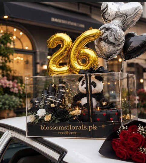 Birthday gift box Lahore with flowers, chocolates, teddy and balloons