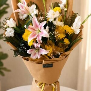 Mixed Flower Bouquet Lahore with pink lilies and yellow flowers