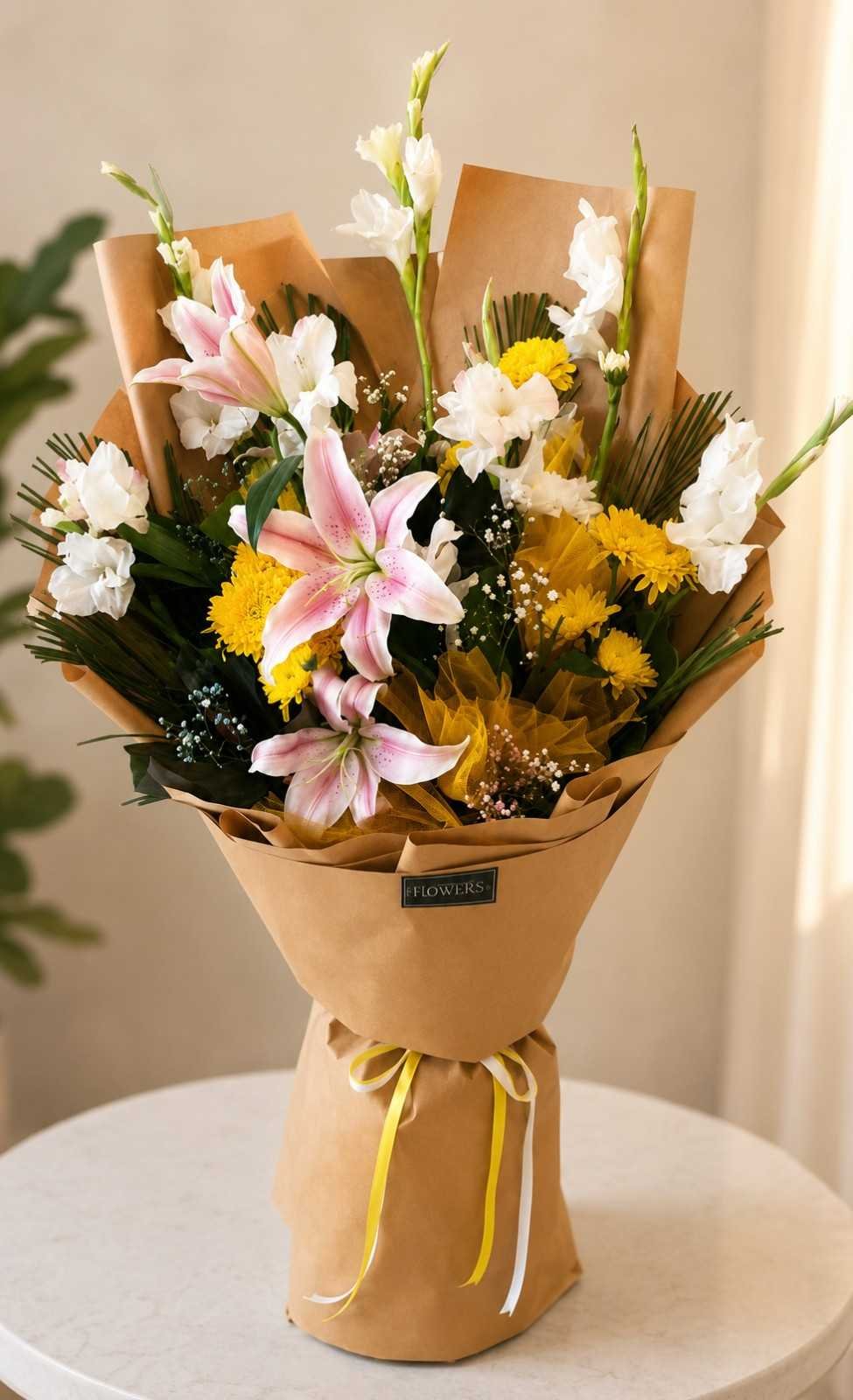 Mixed Flower Bouquet Lahore with pink lilies and yellow flowers