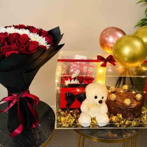 Anniversary gift box with red roses and chocolates