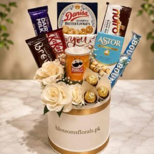 Flower Chocolate Gift Hamper with roses and assorted treats in Pakistan