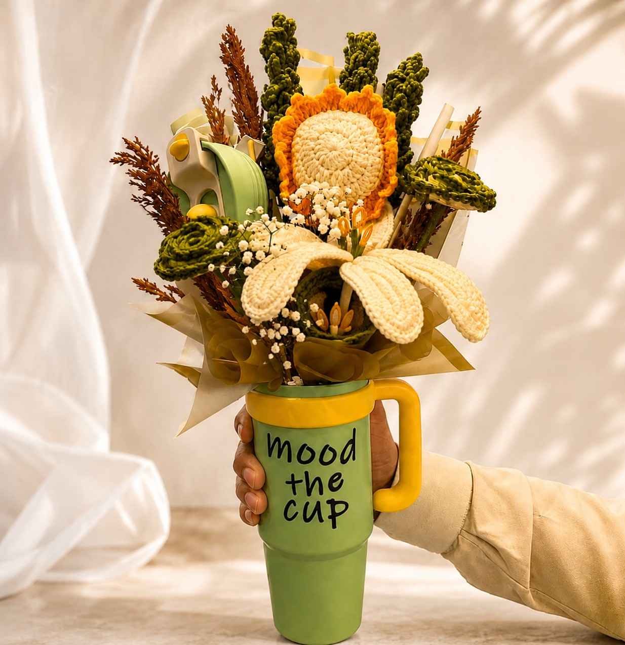 Crochet Flower Gift Pakistan in a decorative green mug