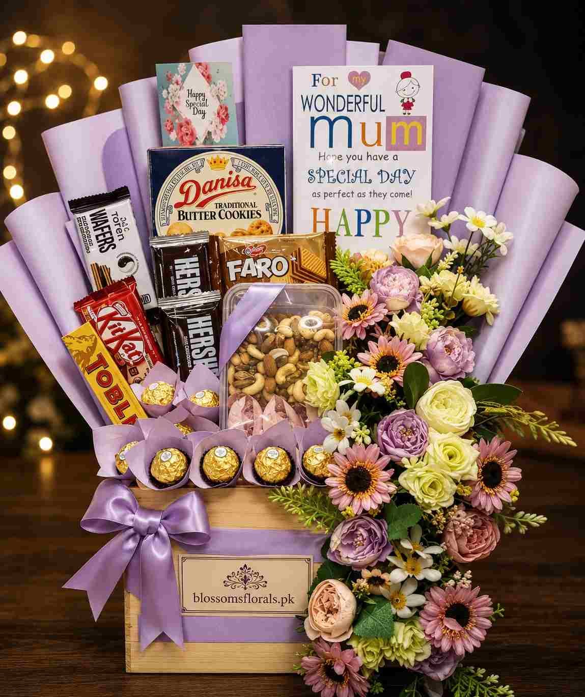 gift hamper for mom Pakistan with flowers and chocolates