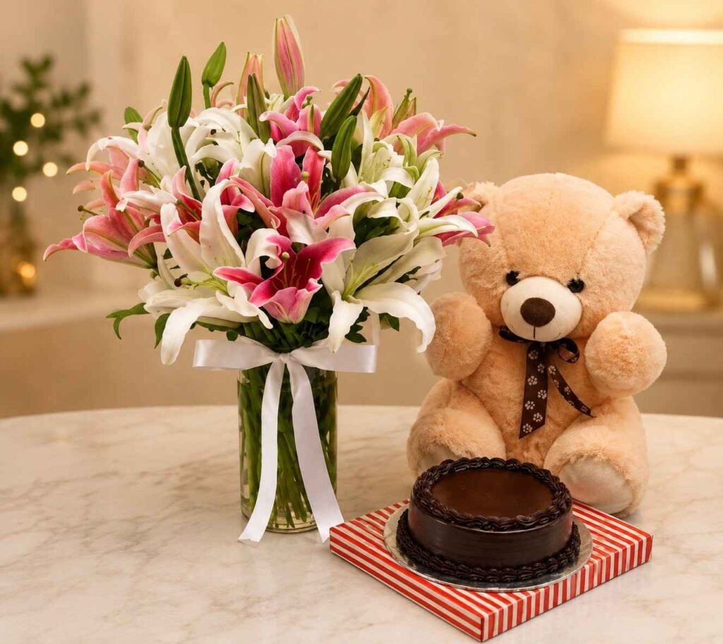 Lily Gift Combo Pakistan with pink lilies teddy bear and chocolate cake