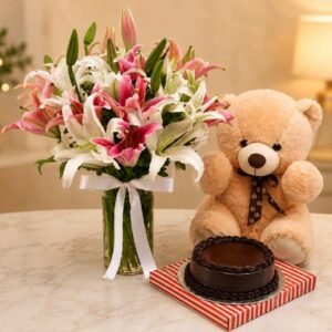 Lily Gift Combo Pakistan with pink lilies teddy bear and chocolate cake