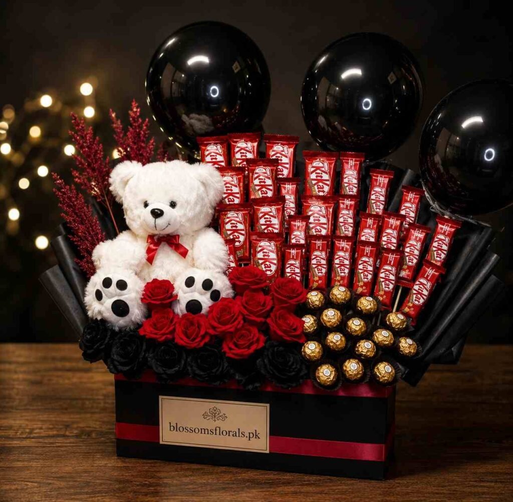 chocolate gift box Pakistan with teddy bear and red roses