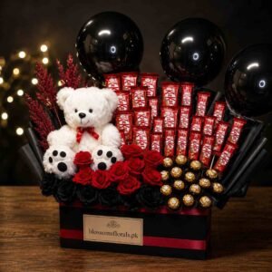 chocolate gift box Pakistan with teddy bear and red roses