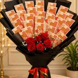Cash Bouquet with red roses and Pakistani currency notes