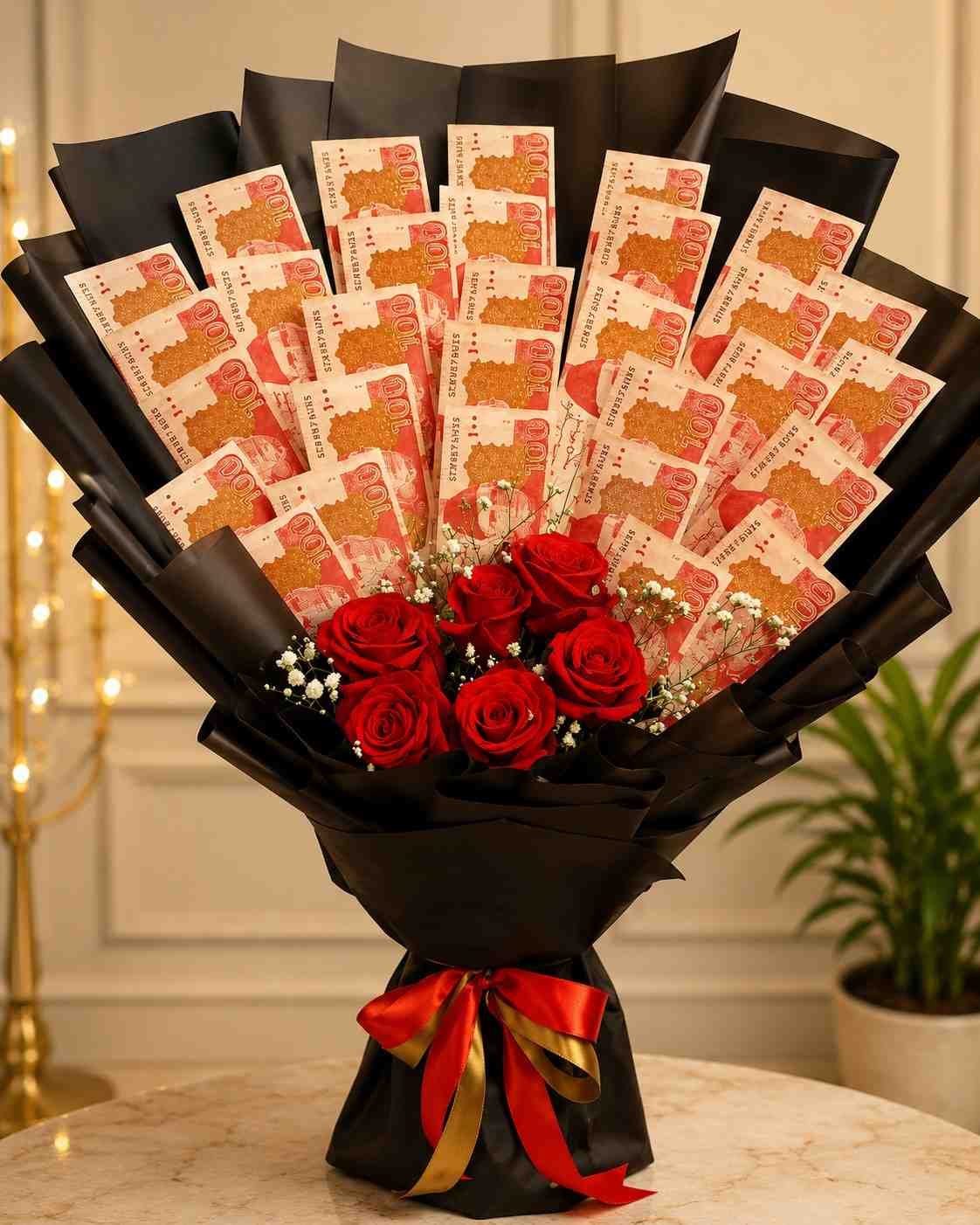 Cash Bouquet with red roses and Pakistani currency notes