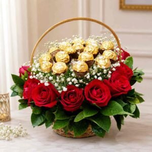 Red rose chocolate basket with gold chocolates
