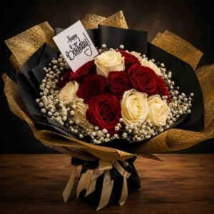 red white roses bouquet Pakistan with baby’s breath