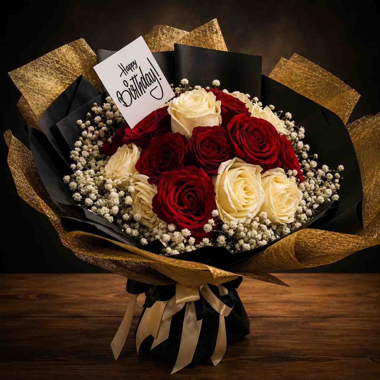 red white roses bouquet Pakistan with baby’s breath