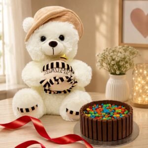 Teddy Cake Gift Pakistan with white teddy bear and chocolate cake