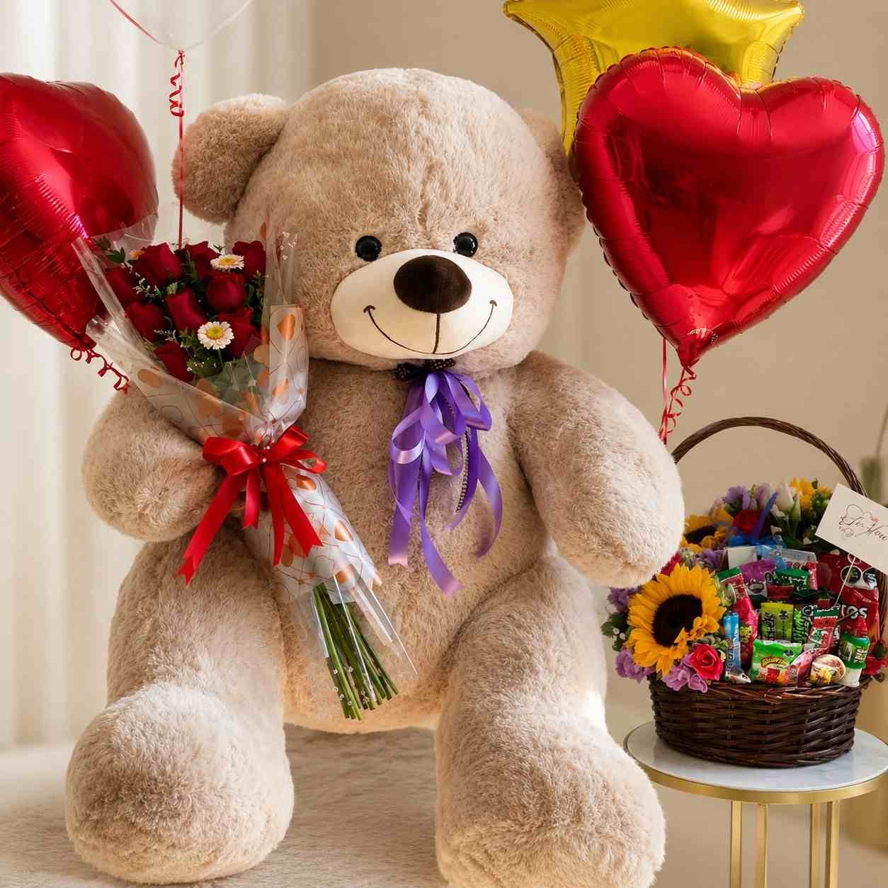 Teddy Bear Gift Pakistan with red roses and heart balloons