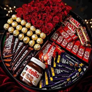 chocolate bouquet delivery Pakistan with red roses and assorted chocolates