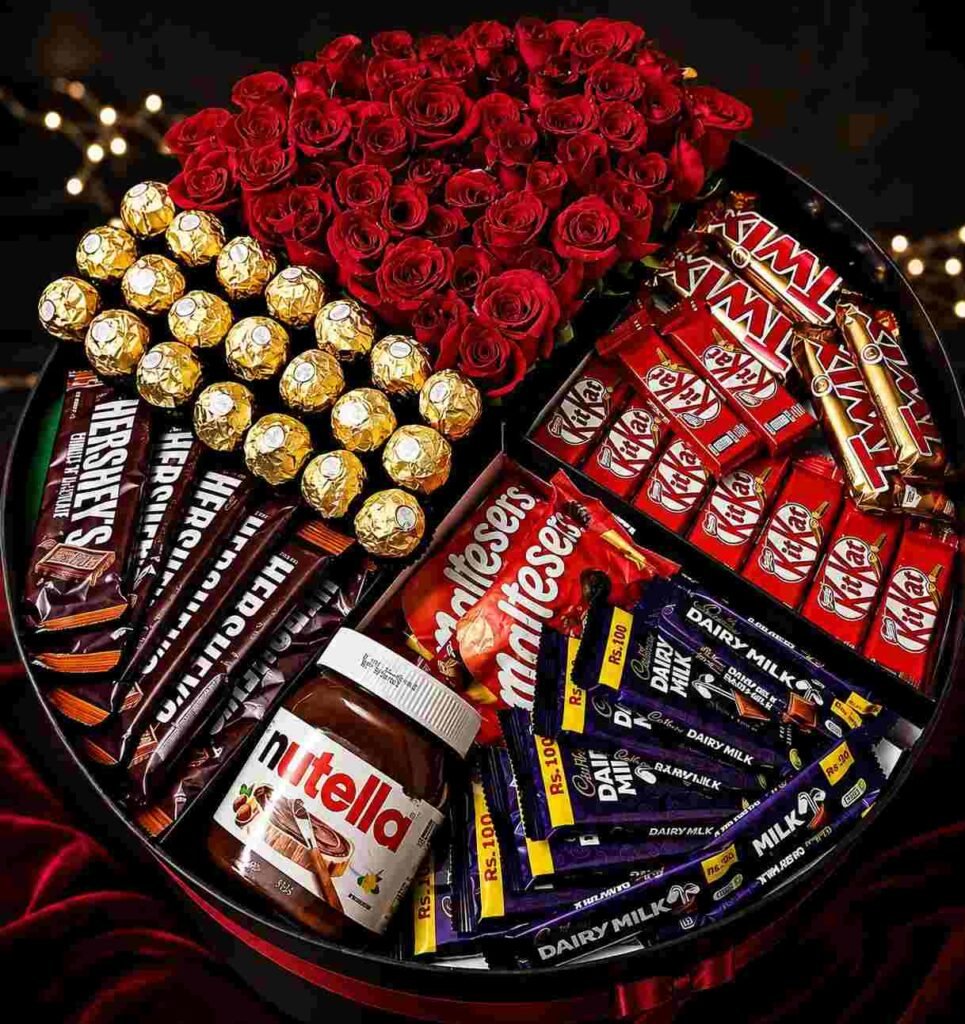 chocolate bouquet delivery Pakistan with red roses and assorted chocolates