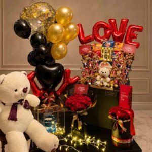 Valentine Gift Hamper Pakistan with roses chocolates teddy and balloons