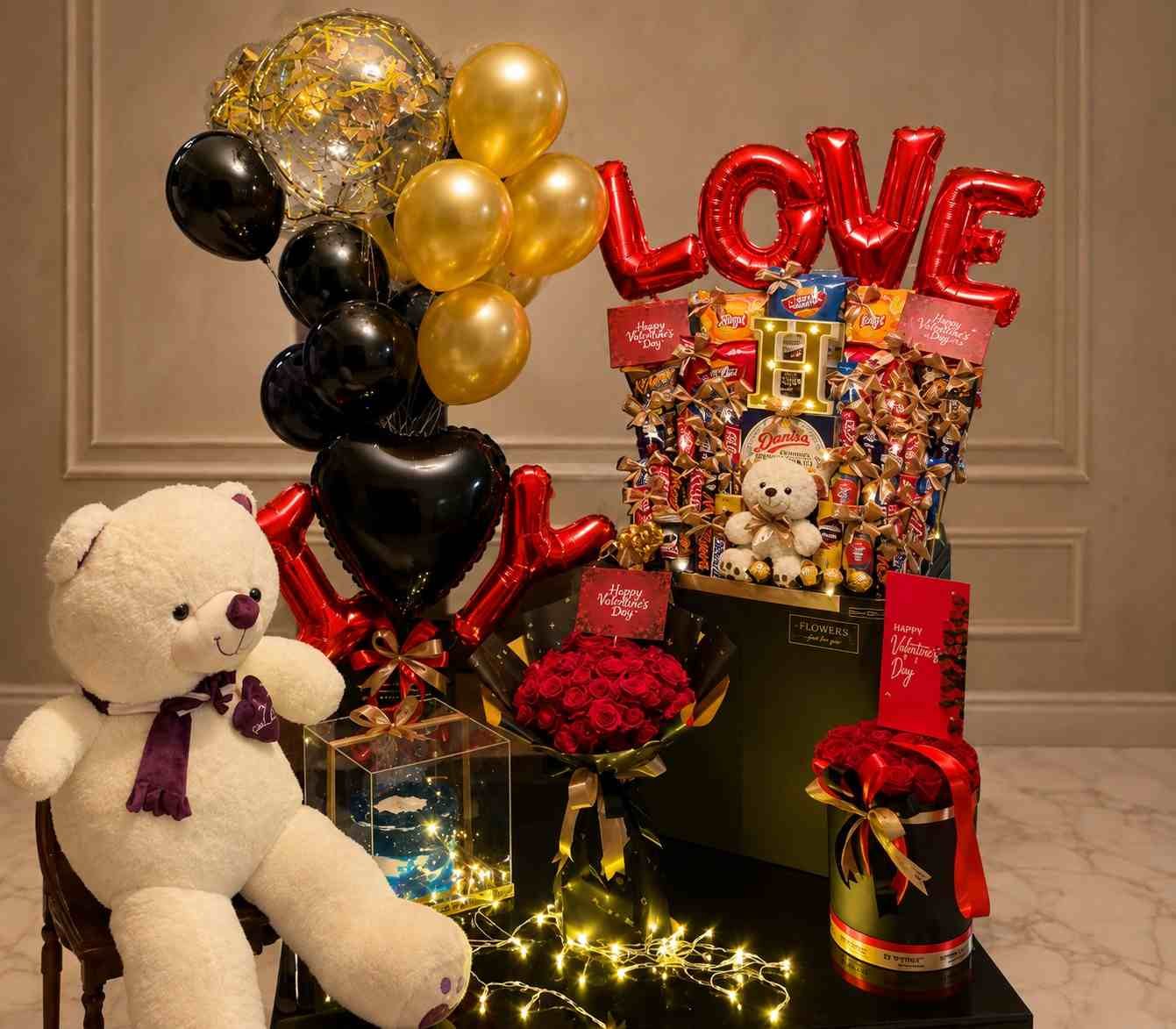 Valentine Gift Hamper Pakistan with roses chocolates teddy and balloons
