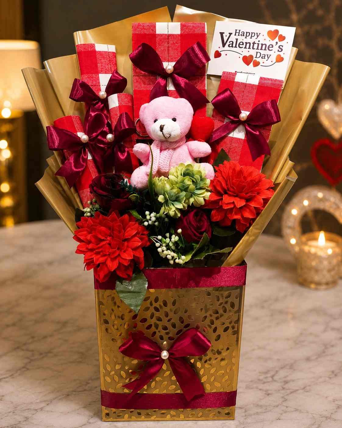Valentine Gift Box Pakistan with flowers and teddy bear